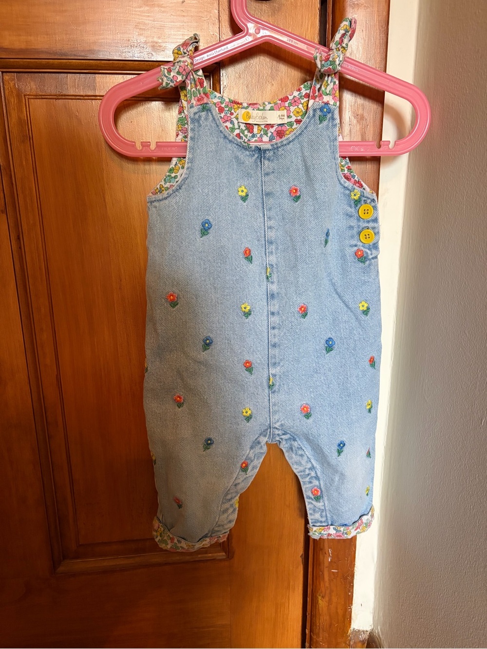 Baby Boden Light Blue Denim Floral-Embroidered Overalls